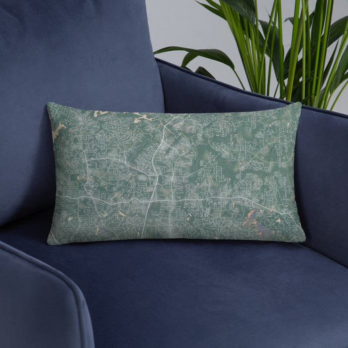 Custom Woodstock Georgia Map Throw Pillow in Afternoon on Blue Colored Chair