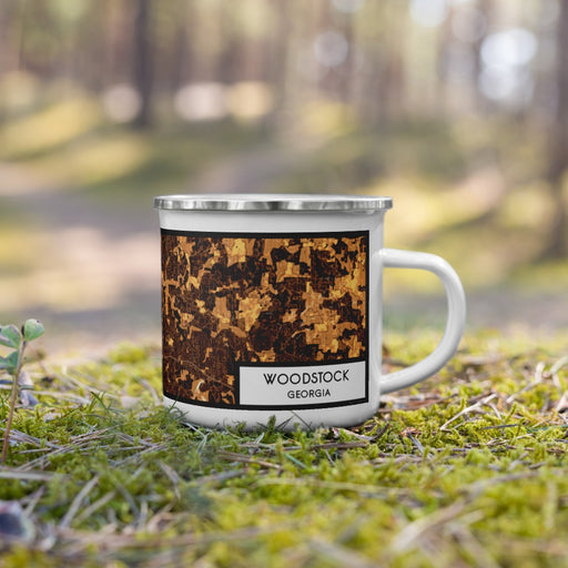 Right View Custom Woodstock Georgia Map Enamel Mug in Ember on Grass With Trees in Background