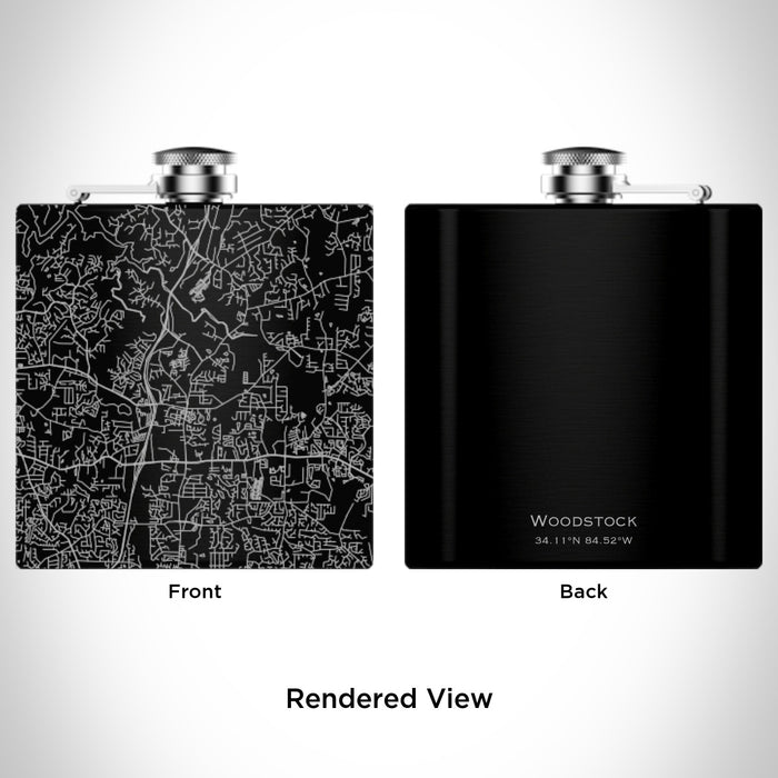 Rendered View of Woodstock Georgia Map Engraving on 6oz Stainless Steel Flask in Black