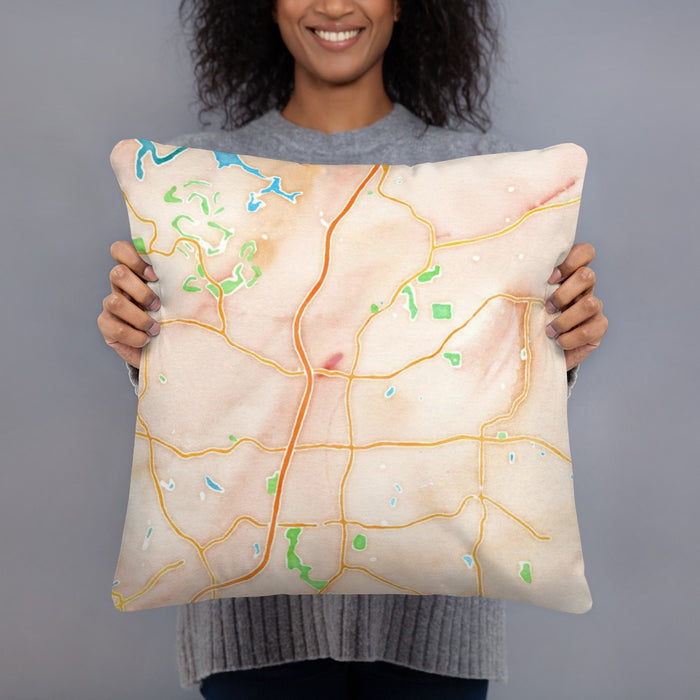 Person holding 18x18 Custom Woodstock Georgia Map Throw Pillow in Watercolor