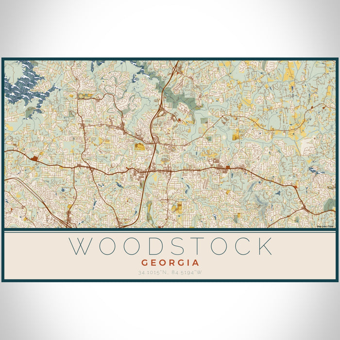Woodstock Georgia Map Print Landscape Orientation in Woodblock Style With Shaded Background