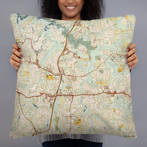 Person holding 22x22 Custom Woodstock Georgia Map Throw Pillow in Woodblock