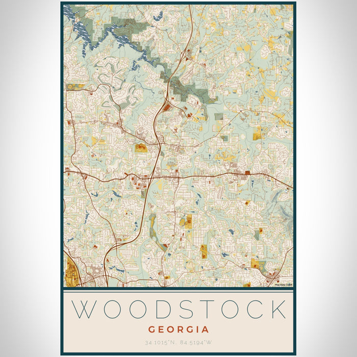 Woodstock Georgia Map Print Portrait Orientation in Woodblock Style With Shaded Background