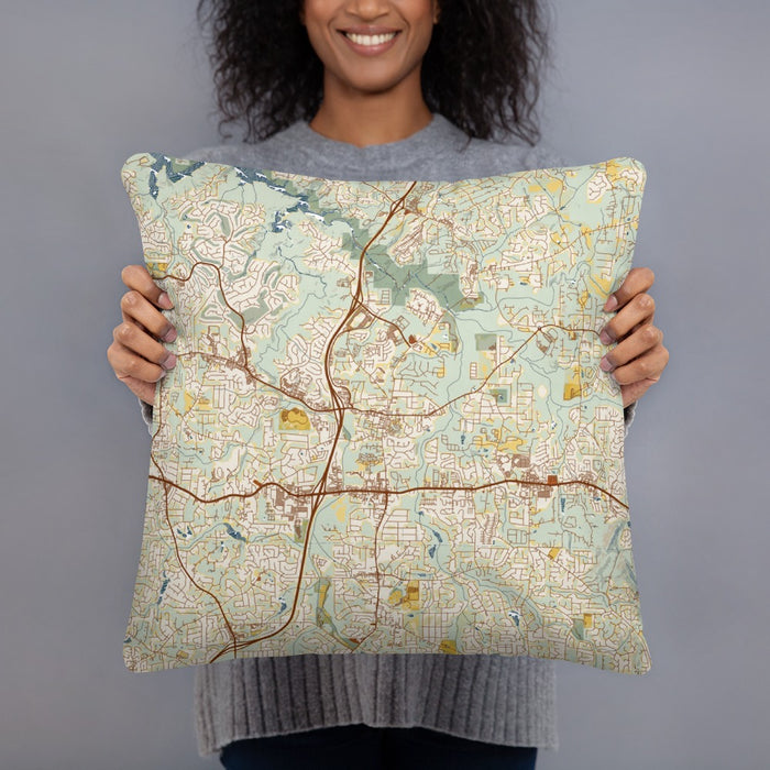 Person holding 18x18 Custom Woodstock Georgia Map Throw Pillow in Woodblock