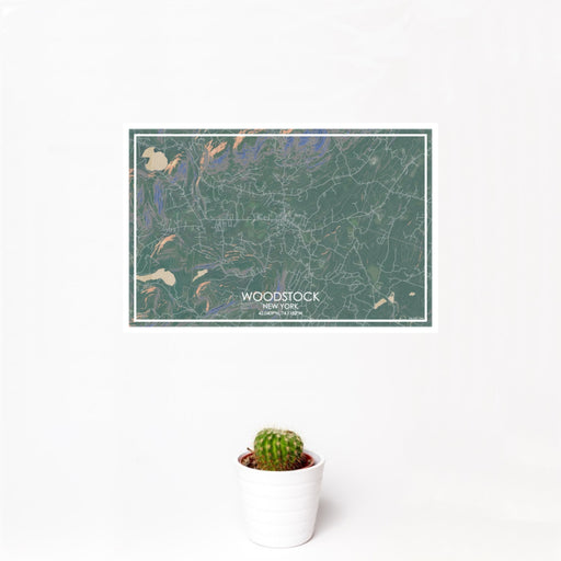 12x18 Woodstock New York Map Print Landscape Orientation in Afternoon Style With Small Cactus Plant in White Planter