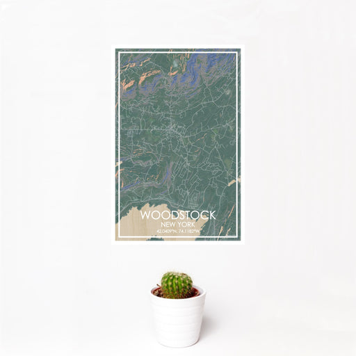 12x18 Woodstock New York Map Print Portrait Orientation in Afternoon Style With Small Cactus Plant in White Planter