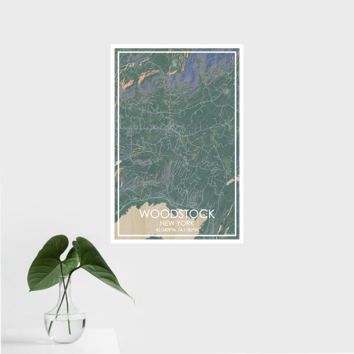 16x24 Woodstock New York Map Print Portrait Orientation in Afternoon Style With Tropical Plant Leaves in Water