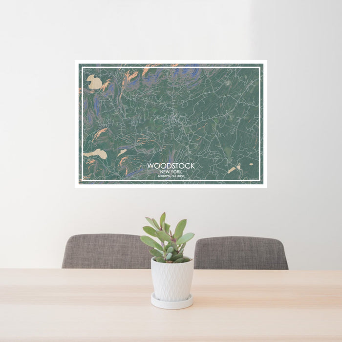 24x36 Woodstock New York Map Print Lanscape Orientation in Afternoon Style Behind 2 Chairs Table and Potted Plant