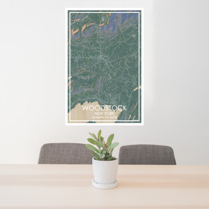 24x36 Woodstock New York Map Print Portrait Orientation in Afternoon Style Behind 2 Chairs Table and Potted Plant