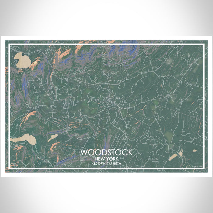 Woodstock New York Map Print Landscape Orientation in Afternoon Style With Shaded Background