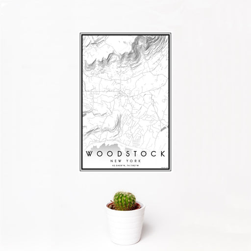 12x18 Woodstock New York Map Print Portrait Orientation in Classic Style With Small Cactus Plant in White Planter