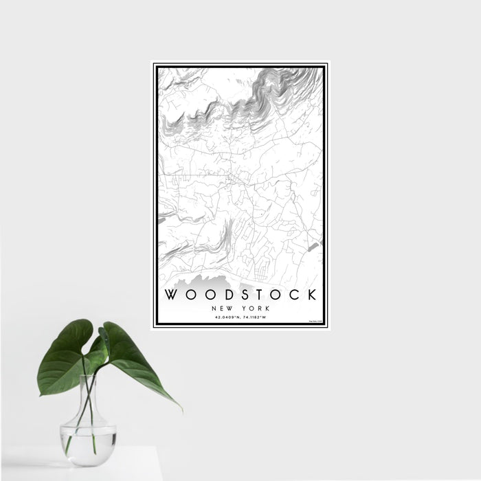 16x24 Woodstock New York Map Print Portrait Orientation in Classic Style With Tropical Plant Leaves in Water