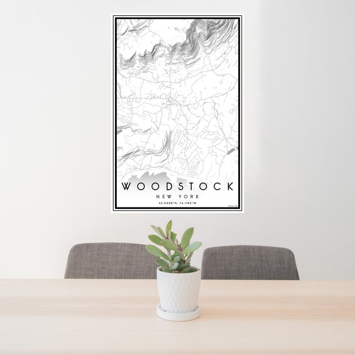 24x36 Woodstock New York Map Print Portrait Orientation in Classic Style Behind 2 Chairs Table and Potted Plant