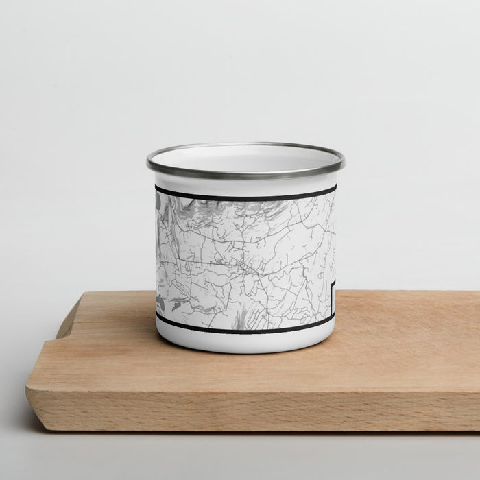 Front View Custom Woodstock New York Map Enamel Mug in Classic on Cutting Board