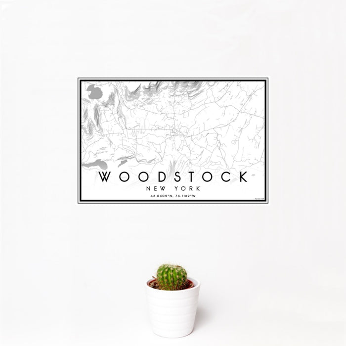 12x18 Woodstock New York Map Print Landscape Orientation in Classic Style With Small Cactus Plant in White Planter