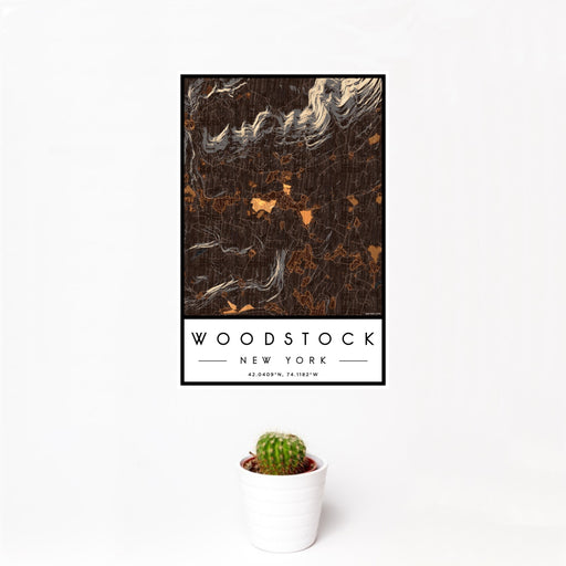 12x18 Woodstock New York Map Print Portrait Orientation in Ember Style With Small Cactus Plant in White Planter