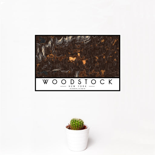 12x18 Woodstock New York Map Print Landscape Orientation in Ember Style With Small Cactus Plant in White Planter