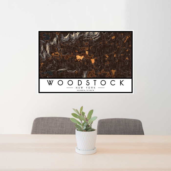 24x36 Woodstock New York Map Print Landscape Orientation in Ember Style Behind 2 Chairs Table and Potted Plant