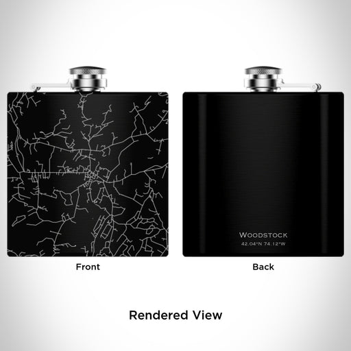 Rendered View of Woodstock New York Map Engraving on 6oz Stainless Steel Flask in Black