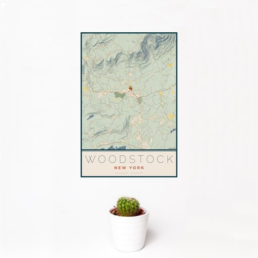 12x18 Woodstock New York Map Print Portrait Orientation in Woodblock Style With Small Cactus Plant in White Planter