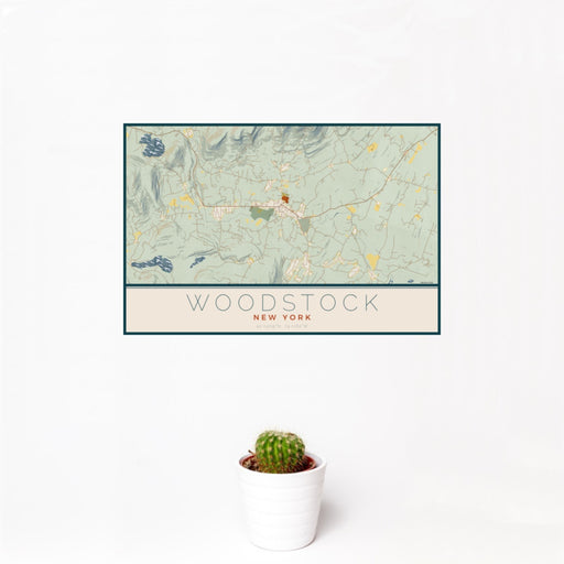12x18 Woodstock New York Map Print Landscape Orientation in Woodblock Style With Small Cactus Plant in White Planter
