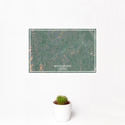 12x18 Woodstock Vermont Map Print Landscape Orientation in Afternoon Style With Small Cactus Plant in White Planter