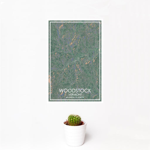 12x18 Woodstock Vermont Map Print Portrait Orientation in Afternoon Style With Small Cactus Plant in White Planter