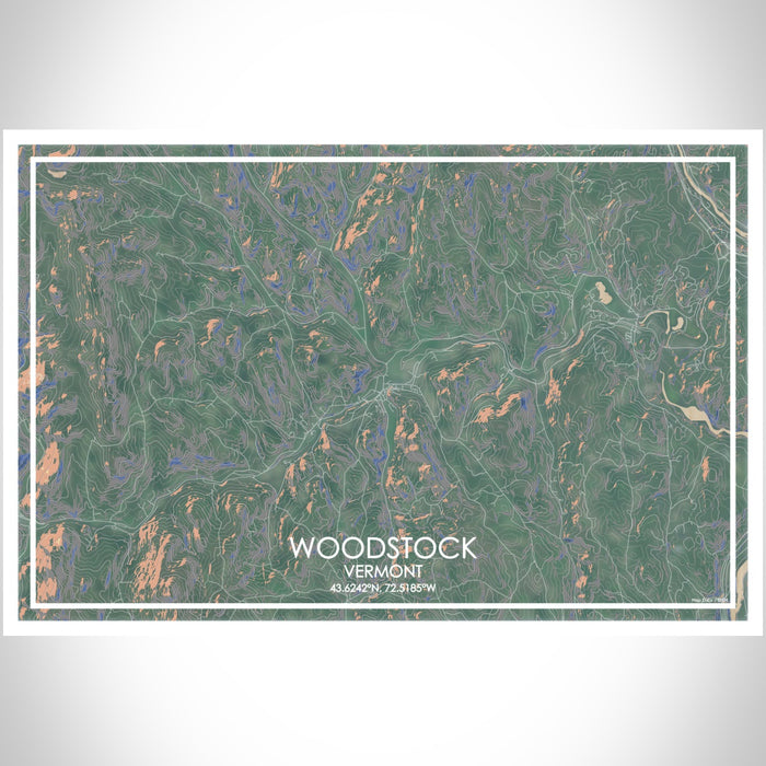 Woodstock Vermont Map Print Landscape Orientation in Afternoon Style With Shaded Background