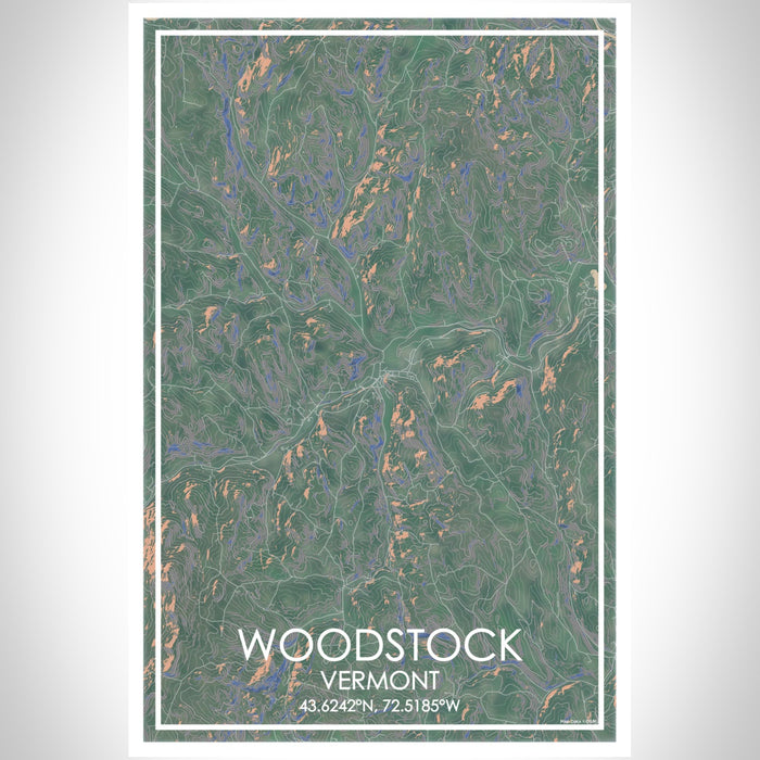 Woodstock Vermont Map Print Portrait Orientation in Afternoon Style With Shaded Background