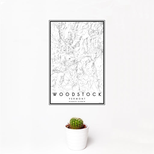 12x18 Woodstock Vermont Map Print Portrait Orientation in Classic Style With Small Cactus Plant in White Planter