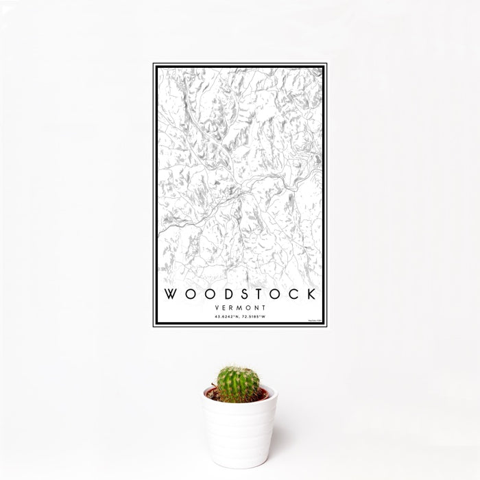 12x18 Woodstock Vermont Map Print Portrait Orientation in Classic Style With Small Cactus Plant in White Planter