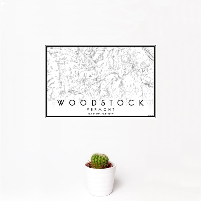 12x18 Woodstock Vermont Map Print Landscape Orientation in Classic Style With Small Cactus Plant in White Planter