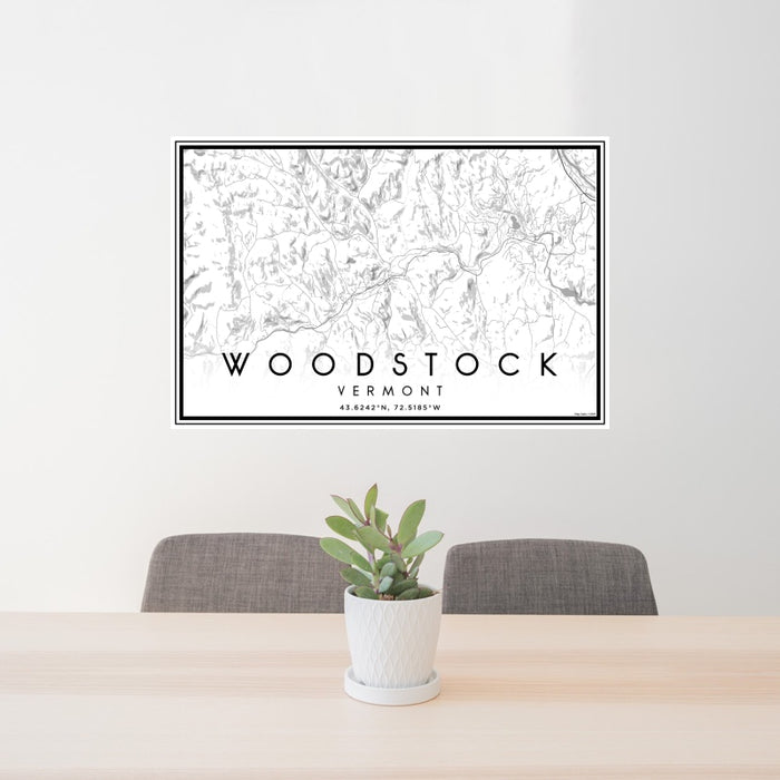 24x36 Woodstock Vermont Map Print Landscape Orientation in Classic Style Behind 2 Chairs Table and Potted Plant