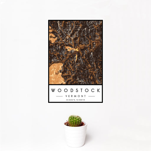 12x18 Woodstock Vermont Map Print Portrait Orientation in Ember Style With Small Cactus Plant in White Planter