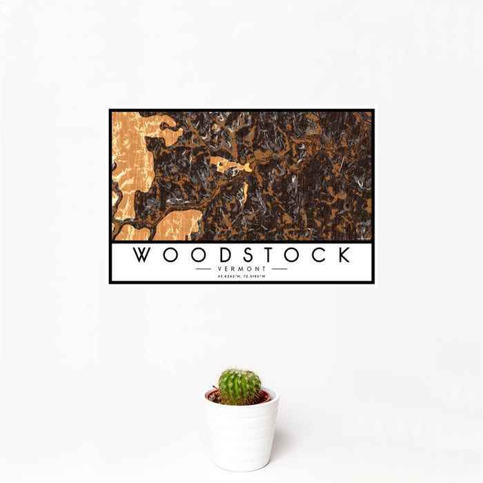 12x18 Woodstock Vermont Map Print Landscape Orientation in Ember Style With Small Cactus Plant in White Planter