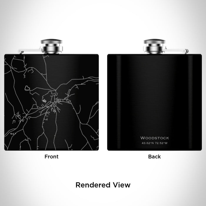 Rendered View of Woodstock Vermont Map Engraving on 6oz Stainless Steel Flask in Black