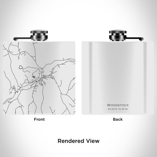 Rendered View of Woodstock Vermont Map Engraving on 6oz Stainless Steel Flask in White