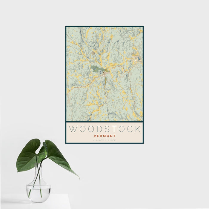 16x24 Woodstock Vermont Map Print Portrait Orientation in Woodblock Style With Tropical Plant Leaves in Water