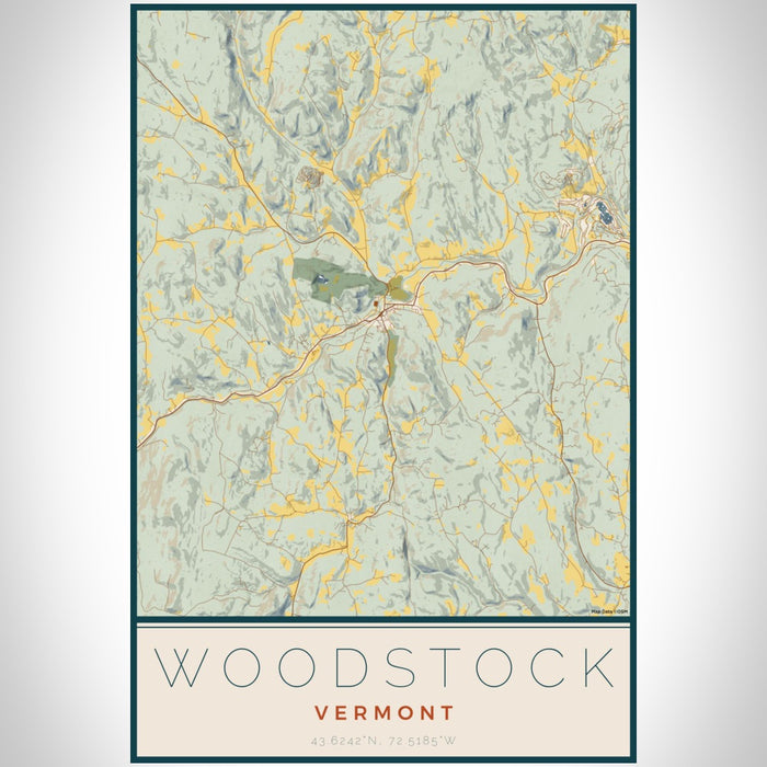 Woodstock Vermont Map Print Portrait Orientation in Woodblock Style With Shaded Background