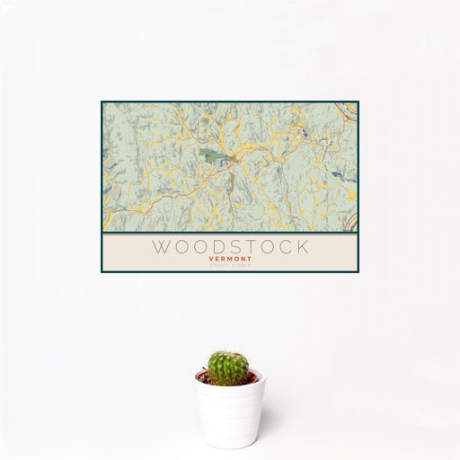 12x18 Woodstock Vermont Map Print Landscape Orientation in Woodblock Style With Small Cactus Plant in White Planter