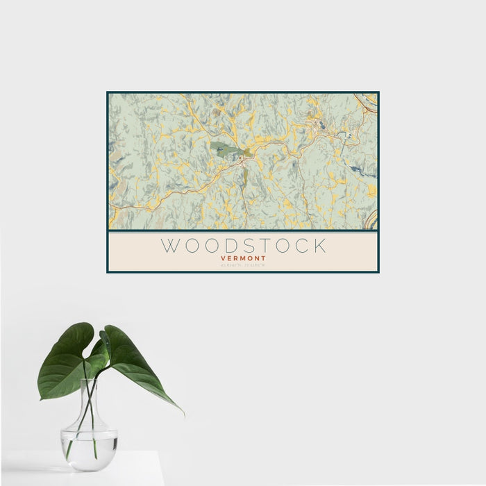 16x24 Woodstock Vermont Map Print Landscape Orientation in Woodblock Style With Tropical Plant Leaves in Water