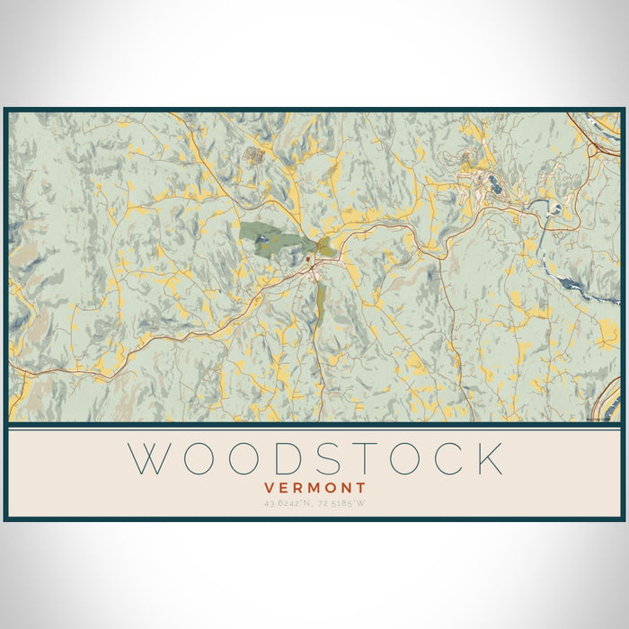 Woodstock Vermont Map Print Landscape Orientation in Woodblock Style With Shaded Background