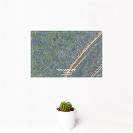 12x18 Woodstock Virginia Map Print Landscape Orientation in Afternoon Style With Small Cactus Plant in White Planter