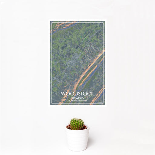 12x18 Woodstock Virginia Map Print Portrait Orientation in Afternoon Style With Small Cactus Plant in White Planter