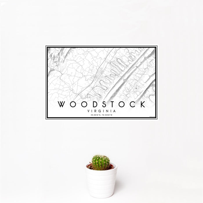 12x18 Woodstock Virginia Map Print Landscape Orientation in Classic Style With Small Cactus Plant in White Planter