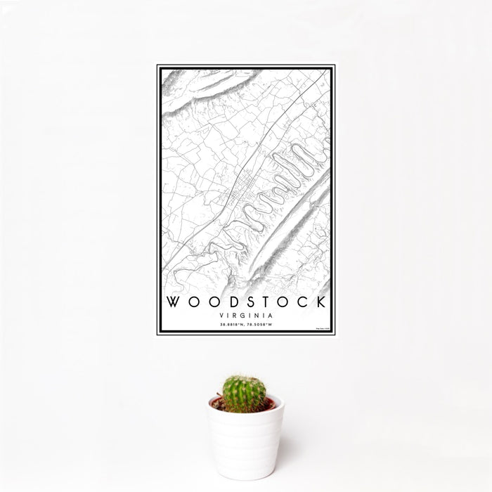 12x18 Woodstock Virginia Map Print Portrait Orientation in Classic Style With Small Cactus Plant in White Planter