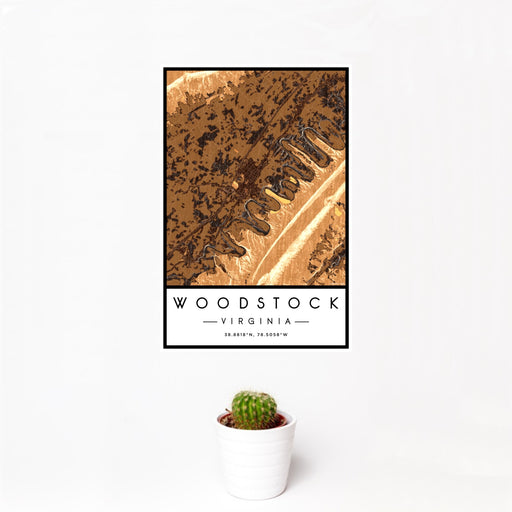 12x18 Woodstock Virginia Map Print Portrait Orientation in Ember Style With Small Cactus Plant in White Planter