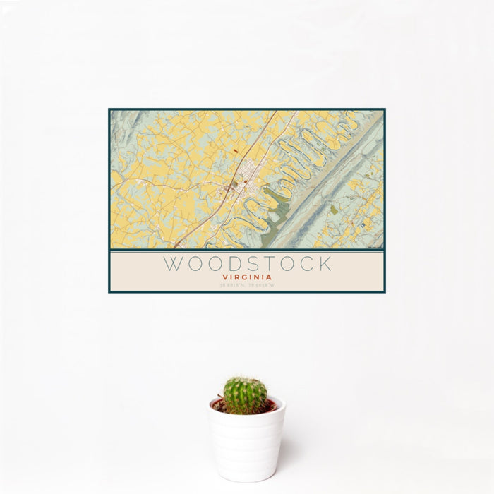 12x18 Woodstock Virginia Map Print Landscape Orientation in Woodblock Style With Small Cactus Plant in White Planter