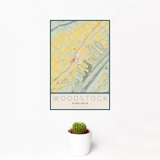 12x18 Woodstock Virginia Map Print Portrait Orientation in Woodblock Style With Small Cactus Plant in White Planter