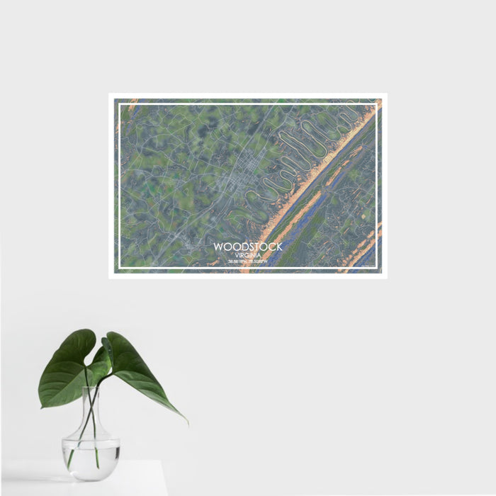16x24 Woodstock Virginia Map Print Landscape Orientation in Afternoon Style With Tropical Plant Leaves in Water